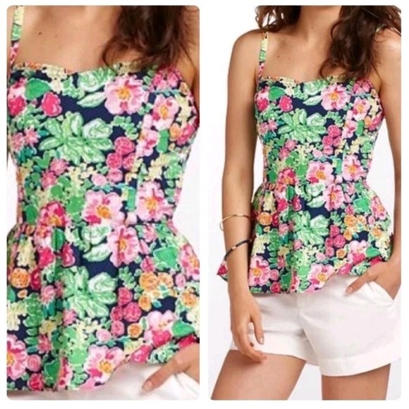 Lilly‎ Pulitzer Peplum Gardenia Top Size 6 Side Zip Smocked Back Sweetheart Neck - Picture 1 of 11